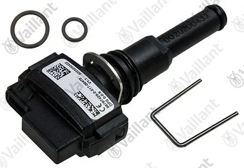 Vaillant-Differenzdrucksensor mit zwei O-Ringen und Befestigungsclip, in schwarzer Kunststoffausführung, zur Verwendung in Heizungsanlagen.